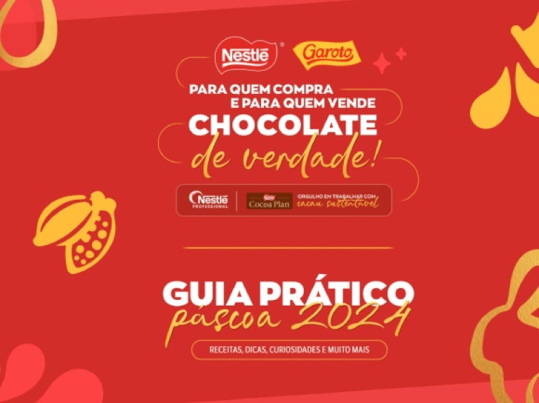 Capa de guia prático de receitas de páscoa. Contém as marcas Nestlé, Garoto