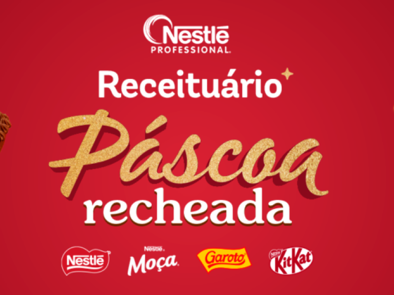 Capa de arquivo contendo receitas de páscoa. Contém as marcas Nestlé, Moça, Garoto e Kitkat
