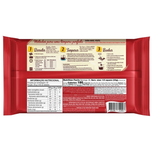 Barra de Chocolate ao Leite Garoto 1KG Informação Nutricional