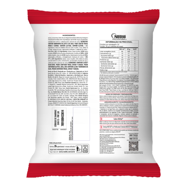 Verso da embalagem do Chocolate KitKat para máquinas de café e bebidas - Nestlé Professional