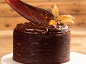 Bolo de frutas amarelas e chocolate redondo feito com massa de chocolate e recheios intercalados de chocolate meio amargo