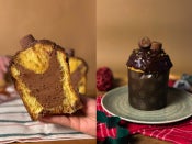 Dois panetones de chocolate. O primeiro alguém está segurando e o outro está sobre um prato